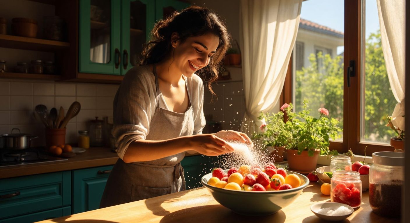 A Turkish woman in a sunlit kitchen smiles while sprinkling isomalt crystals over a bowl of fresh fruit, with a small scale and measuring spoons nearby, conveying health-conscious preparation.