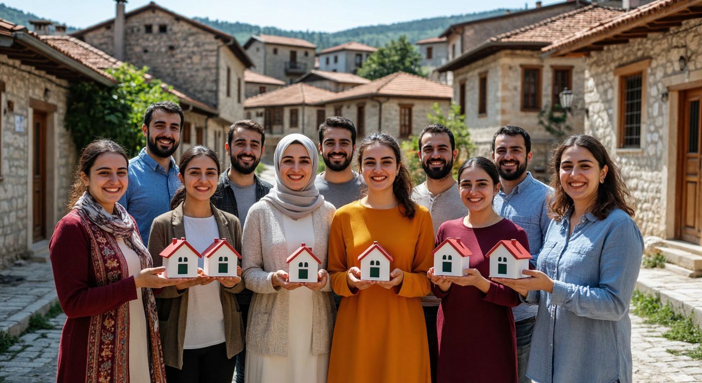 A diverse group of smiling people in casual Turkish attire standing in a circle, each holding a small house-shaped piggy bank, symbolizing collective savings and mutual support in a sunlit village square with traditional stone houses in the background.