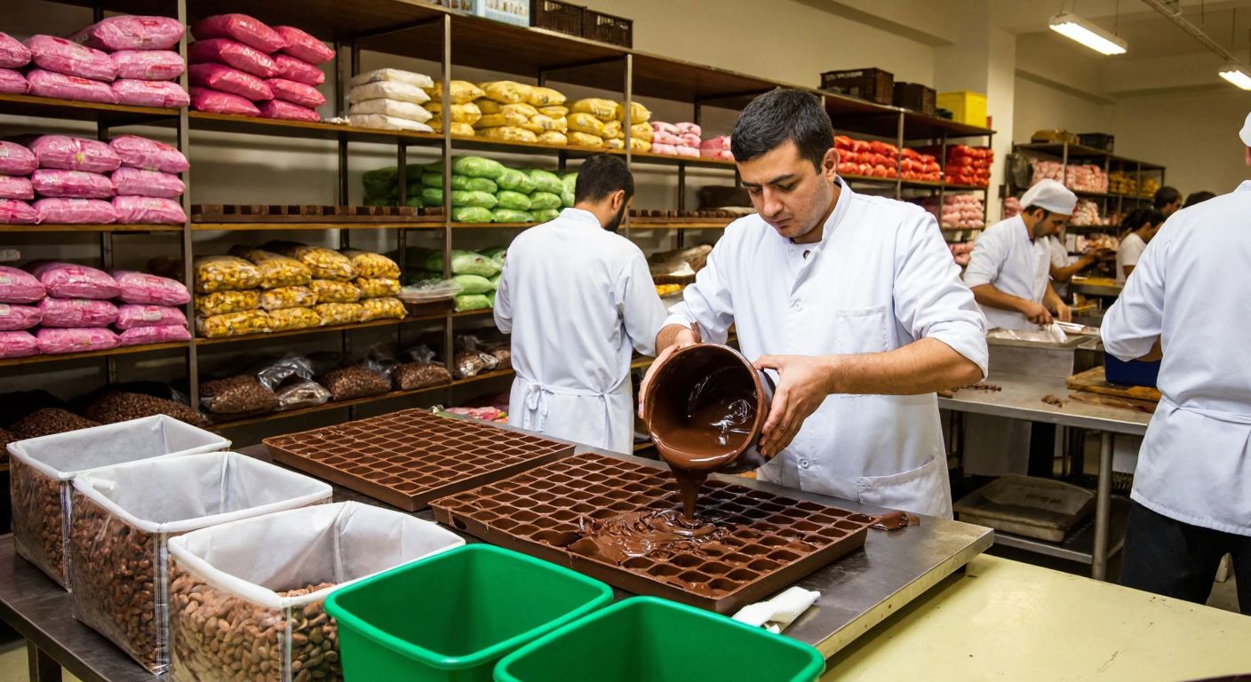A bustling Turkish factory with workers in white uniforms carefully pouring melted chocolate into molds, surrounded by shelves of colorful packaged sweets and sacks of cocoa beans.