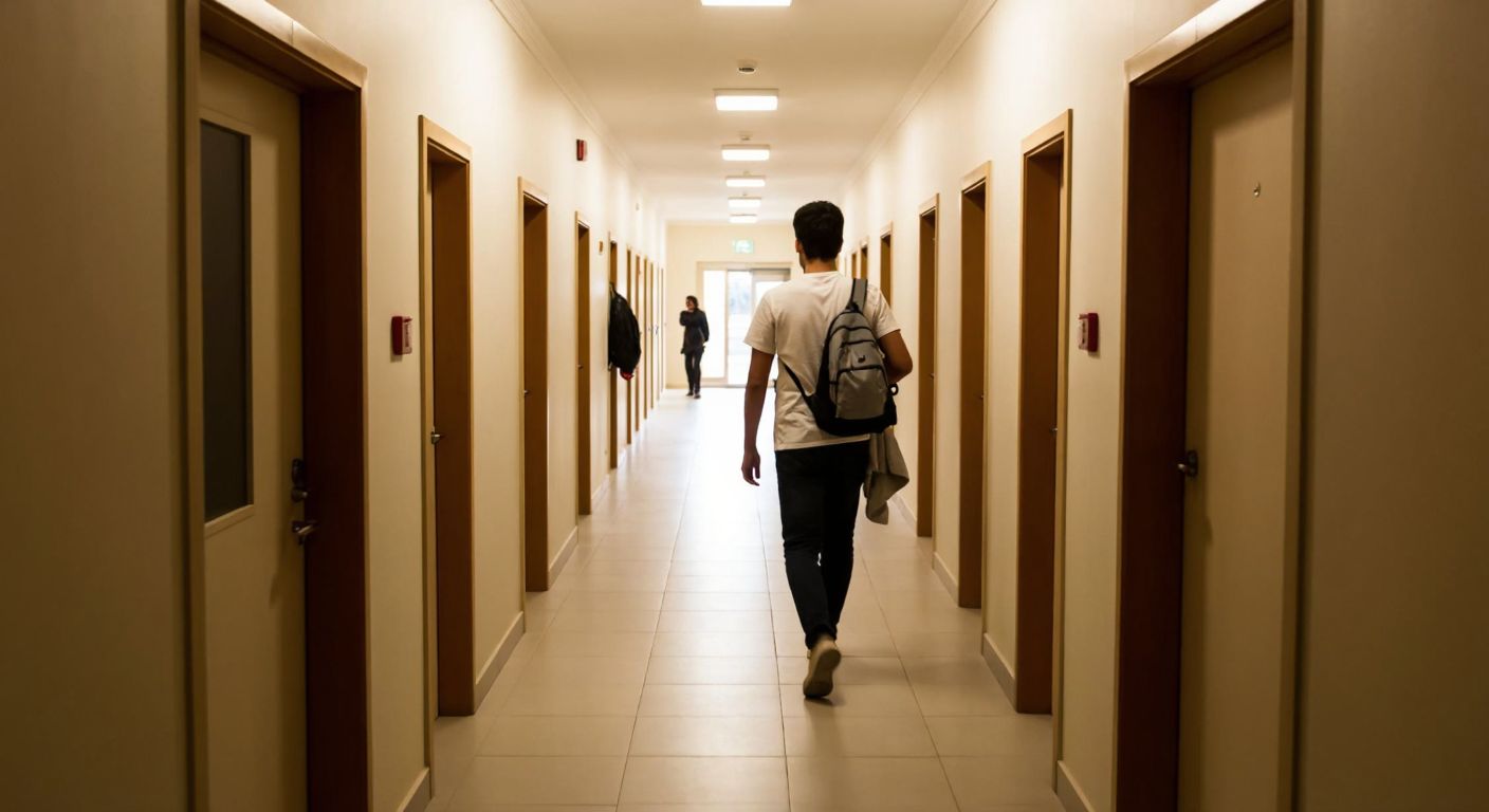 A long, brightly lit dormitory hallway in Turkey with multiple identical doors, a shared bathroom at the end with a clean white-tiled floor, and a student walking toward it with a towel and toiletries in hand.