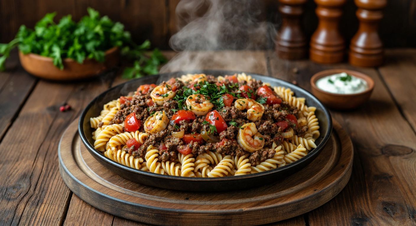 A steaming plate of spiral-shaped salyangoz pasta topped with richly spiced minced meat, sautéed onions, garlic, and diced tomatoes, garnished with fresh parsley, set on a rustic wooden table in a Turkish kitchen.