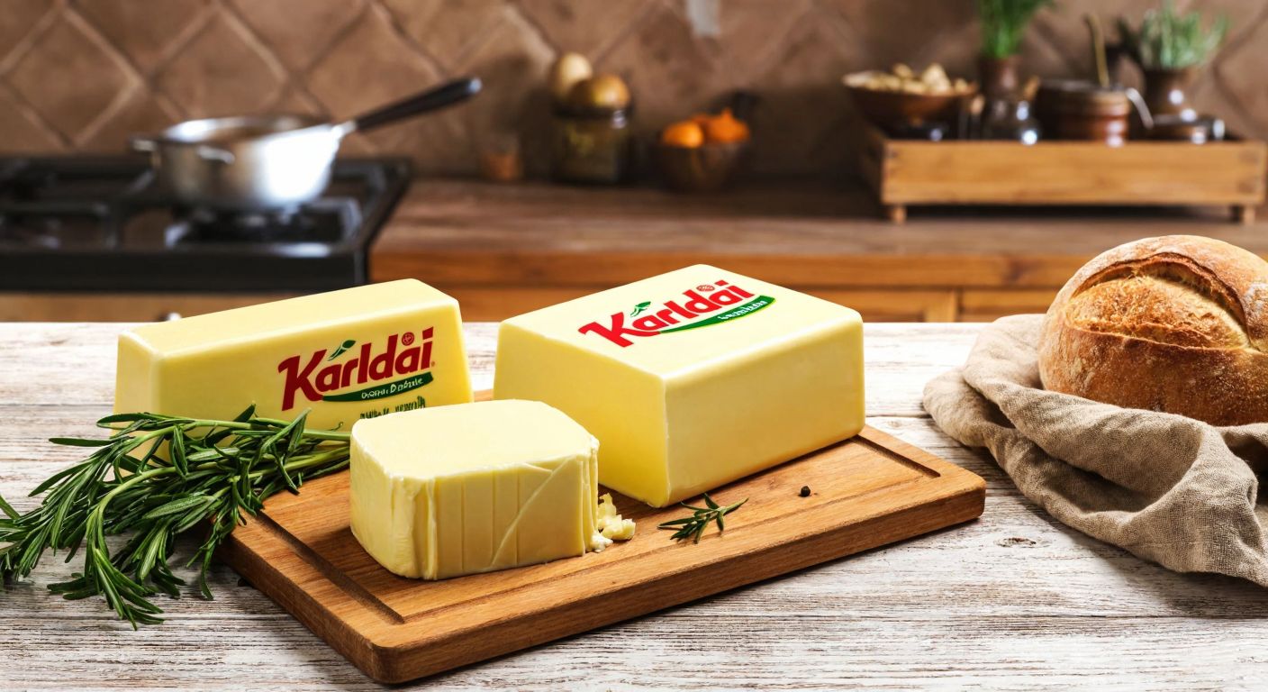A rustic wooden table in a Turkish kitchen holds golden blocks of butter from Karlıdağ and Gündoğdu, their rich aroma mingling with the scent of fresh bread and herbs nearby.