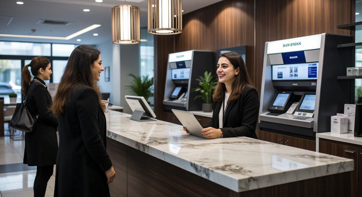 A Turkish woman in a modern bank branch speaks with a friendly bank employee at a marble counter, while another customer uses an ATM in the background.
