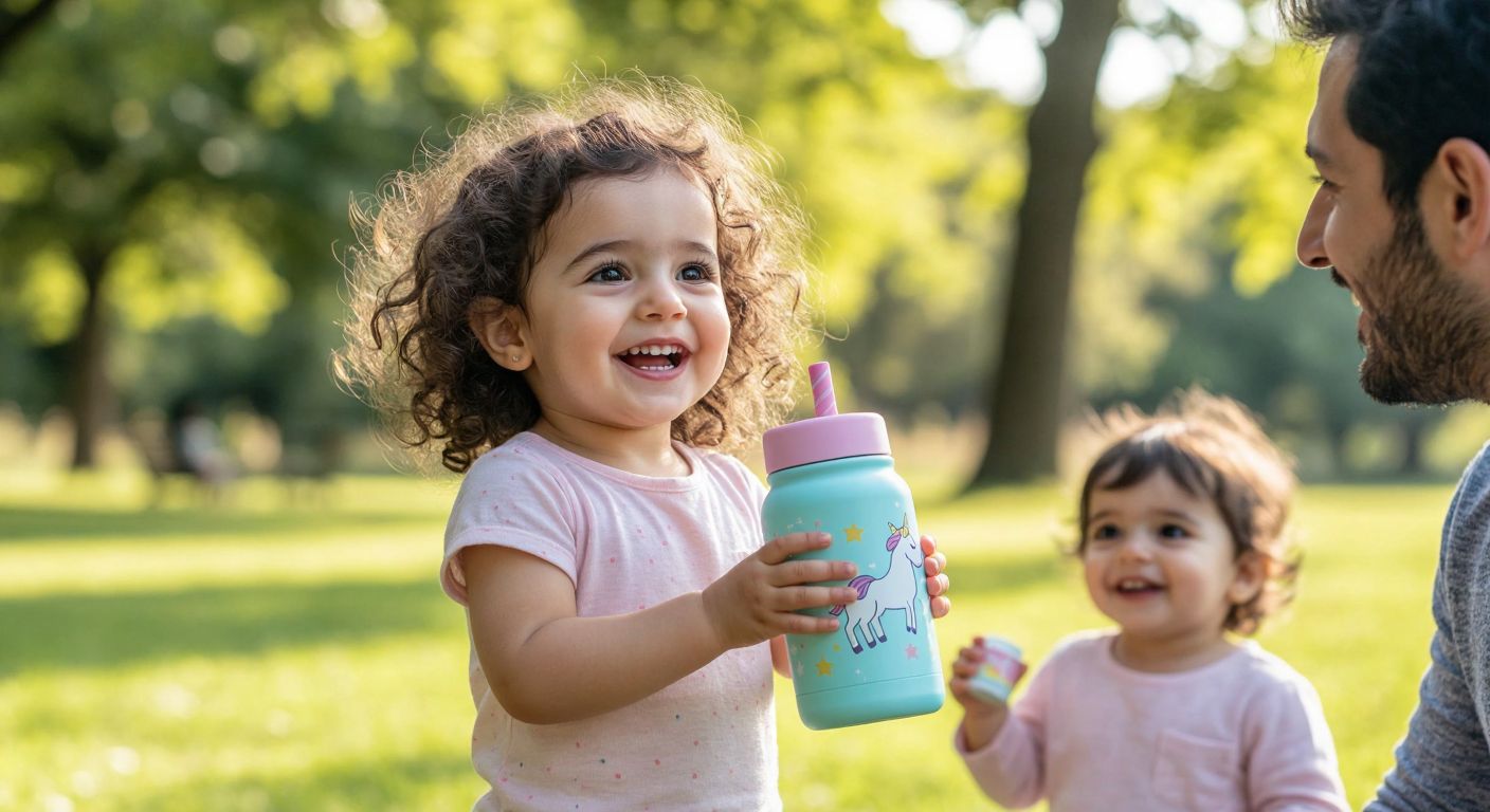 A cheerful Turkish toddler with curly hair holds a pastel-colored unicorn-themed water bottle in a sunlit park, smiling while a parent watches nearby.