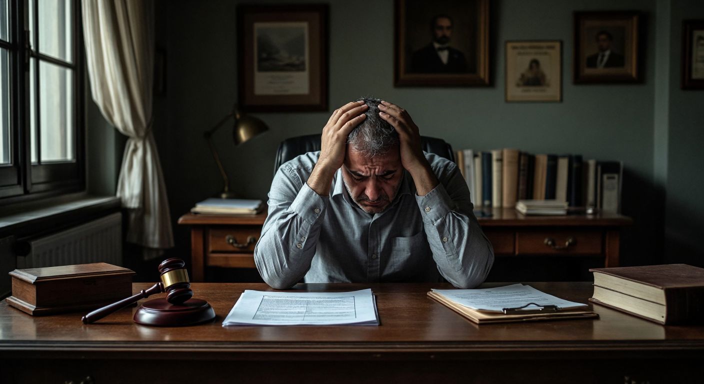 A weary middle-aged Turkish man in a button-up shirt sits at a dimly lit desk in a small, cluttered office, his head in his hands, while a legal document and a gavel rest nearby, symbolizing his rights and potential legal recourse.