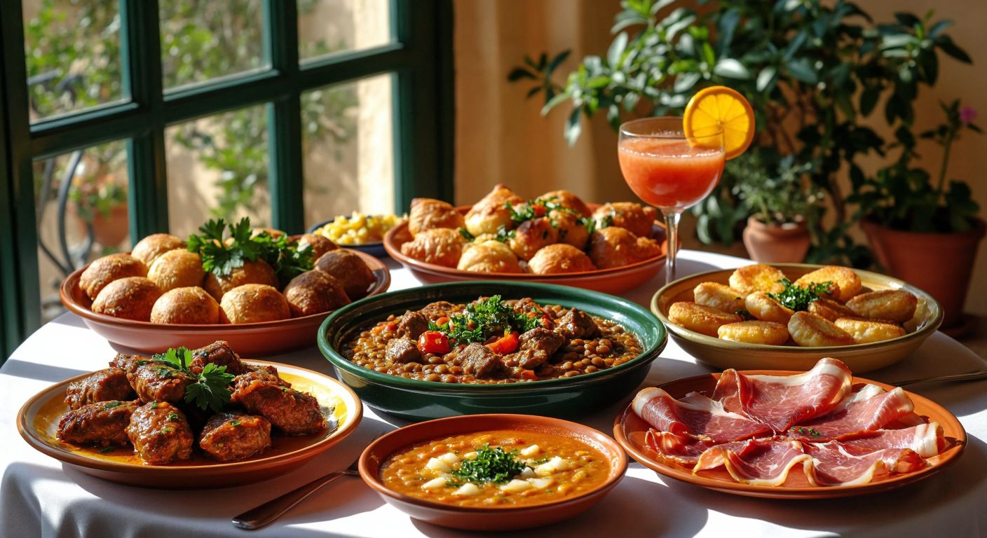 A vibrant Andalusian dining table laden with colorful dishes: a steaming plate of *mirkas* (spiced meat), a bowl of *muzavvara* (lentil and vegetable mash), golden *Toledolu* pastries, and a chilled glass of gazpacho beside slices of *jamón ibérico*, all under warm Spanish sunlight.