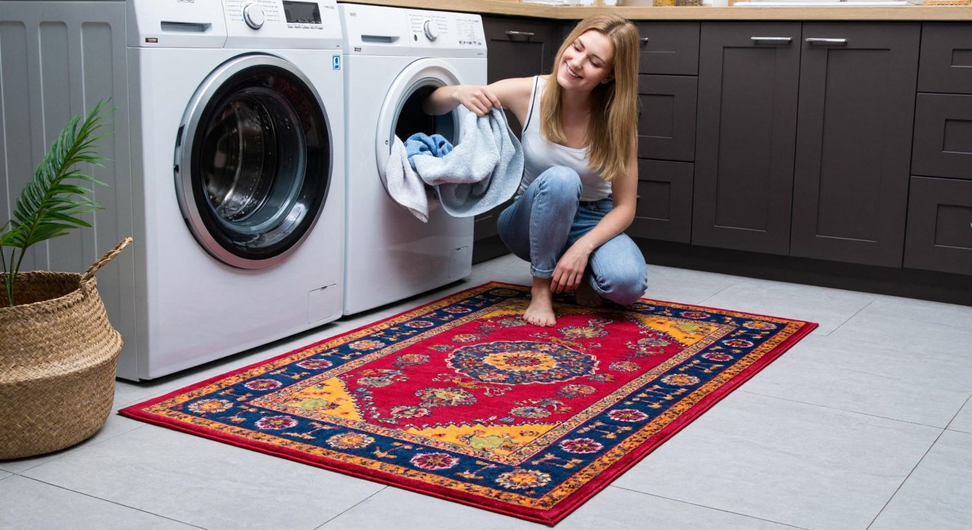 A vibrant Turkish-style rug with a soft velvet texture lies neatly on a tiled kitchen floor, its non-slip underside keeping it firmly in place while a smiling woman gently washes it in a washing machine nearby.