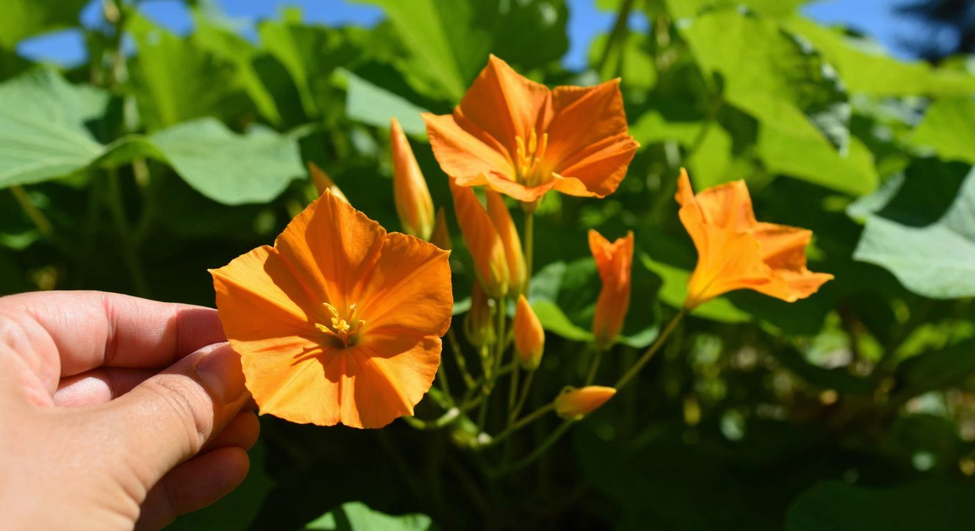 A close-up of vibrant orange sweet potato flowers blooming in a sunlit Turkish garden, with a hand gently holding one flower as if inspecting it, surrounded by lush green leaves.