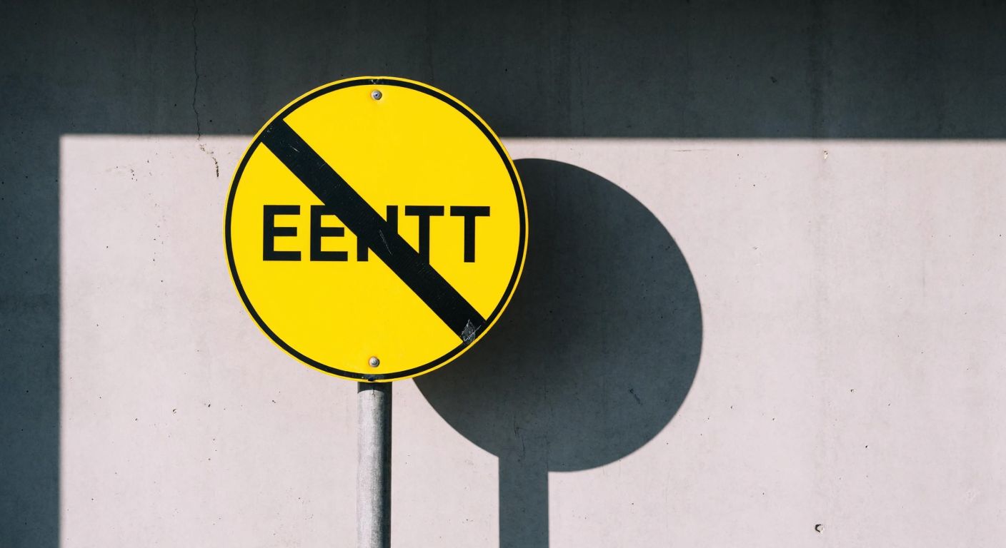 A bright yellow "No Entry" sign mounted on a metal pole against a plain concrete wall, with a shadow casting sharply to one side under sunlight.