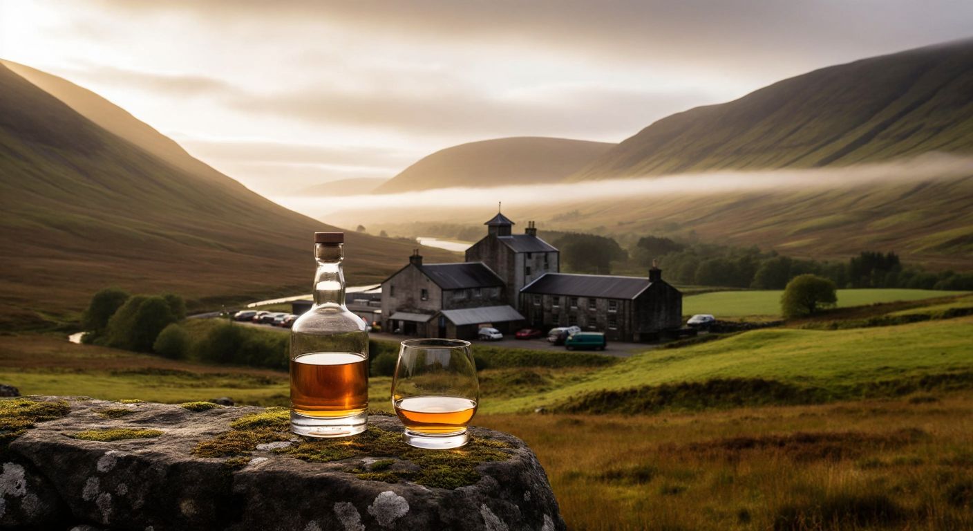 A misty Scottish landscape with rolling green hills, a rustic whisky distillery nestled in the valley, and amber-hued whisky glowing in crystal-clear glasses under soft golden light.