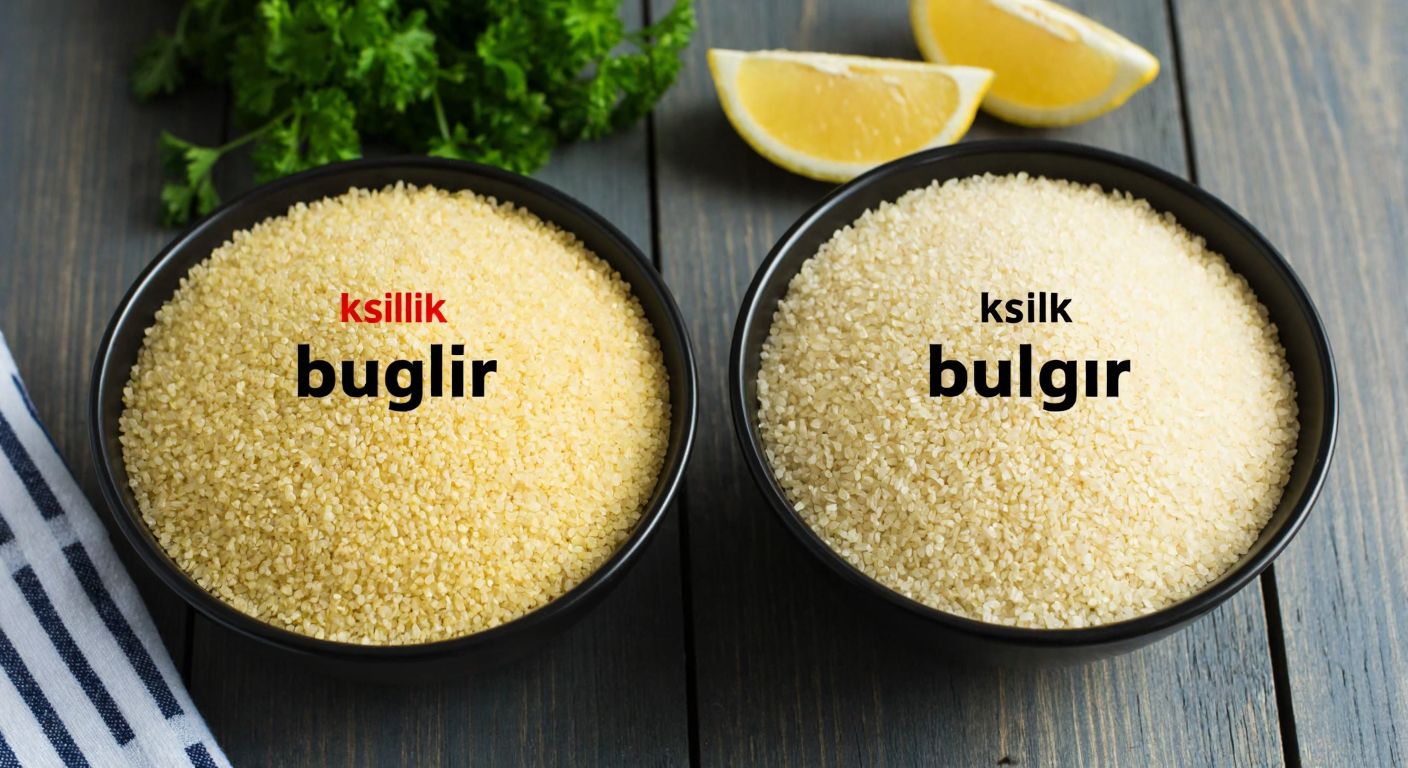 A close-up of two identical bowls filled with fine bulgur, one labeled "kısırlık bulgur" and the other "ince bulgur," placed side by side on a rustic wooden table in a Turkish kitchen, with fresh parsley and lemon wedges nearby.