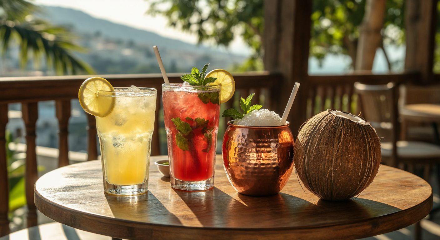 A sunlit Turkish terrace with a wooden table holding a frosty glass of homemade lemonade, a tall glass of iced tea with mint leaves, a vibrant fruit smoothie in a mason jar, a frothy ayran in a traditional copper cup, and a fresh coconut with a straw, all casting cool condensation droplets on the table.