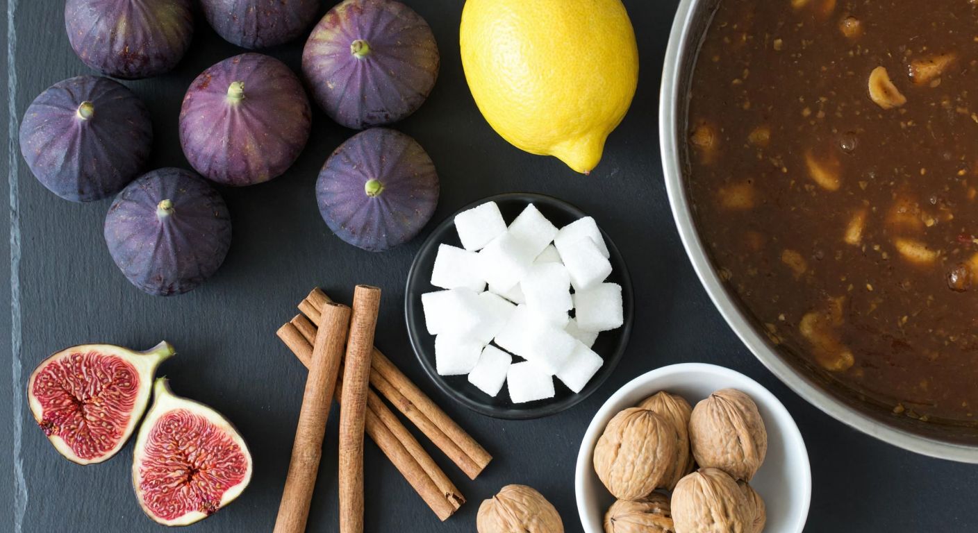 A rustic Turkish kitchen counter displays fresh figs, sugar cubes, a lemon, cinnamon sticks, and walnuts arranged neatly beside a bubbling pot of golden fig jam.