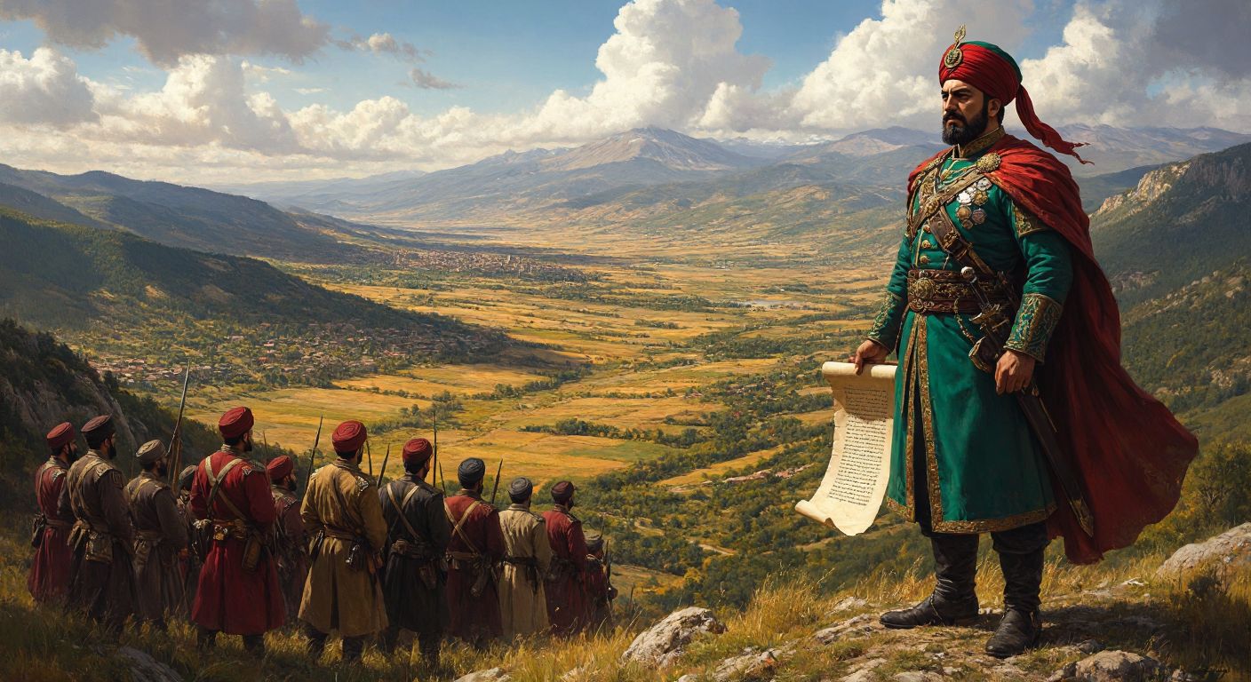 A grand Ottoman military commander stands proudly on a hill overlooking vast, sunlit lands stretching to distant mountains, with a rolled parchment in hand and soldiers in traditional attire behind him, symbolizing the empire's peak territorial expansion.