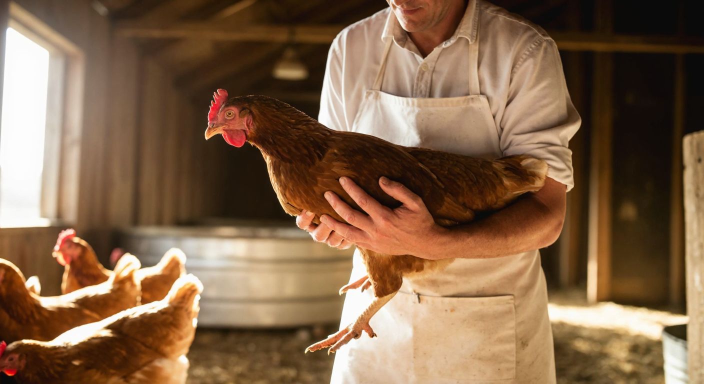A farmer in a clean white apron carefully holds a chicken in a sunlit rural barn, focusing on its neck while other chickens peck at feed nearby, conveying care and practicality.