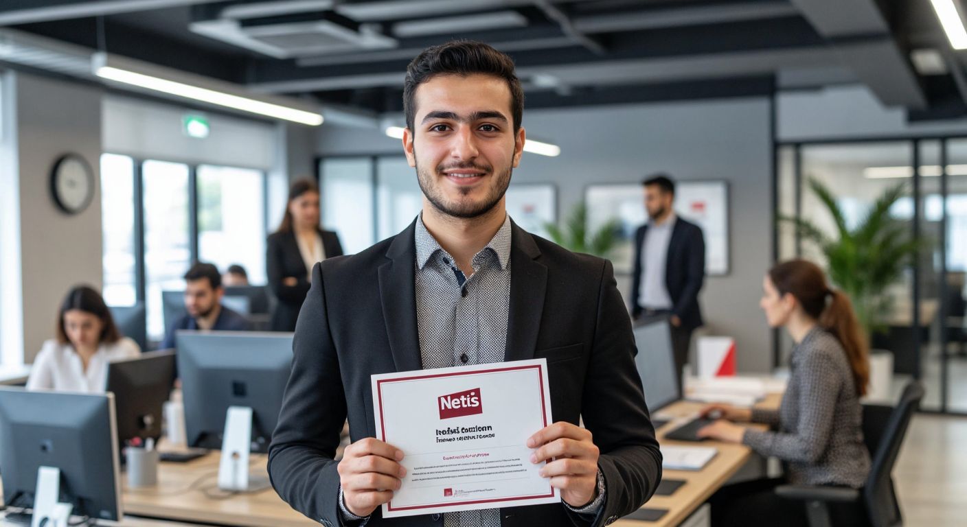 A confident young Turkish professional in a business setting holds up a Netsis training certificate while colleagues in the background work efficiently at computers, symbolizing career growth and productivity.