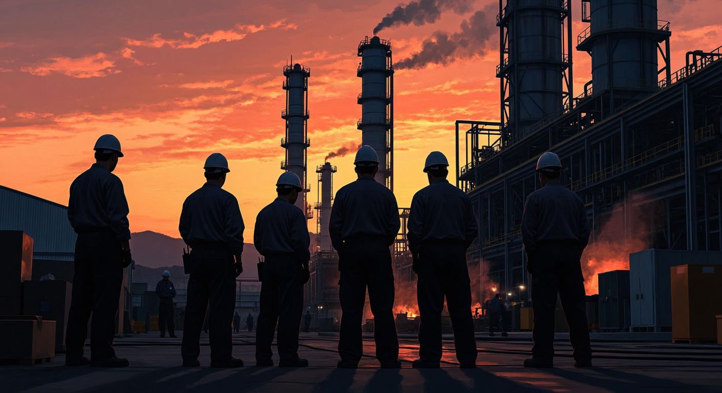 A dramatic scene of a shadowy South Korean factory at dusk, with weary workers in uniform standing in silhouette against a backdrop of towering industrial structures, their faces reflecting exhaustion and quiet defiance.