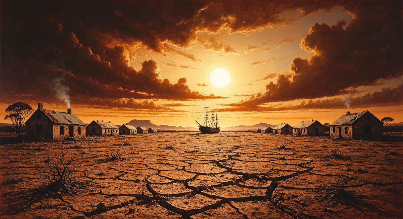 A barren landscape in South Africa with cracked earth under a scorching sun, dotted with crumbling school buildings and empty hospital tents, while shadowy figures of colonial-era ships loom on the distant horizon.