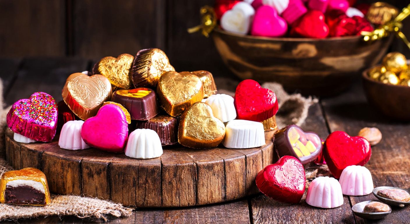 A vibrant display of assorted heart-shaped chocolates in various sizes and packaging, arranged on a rustic wooden table with a warm, inviting glow, evoking the sweetness of Turkish confectionery.