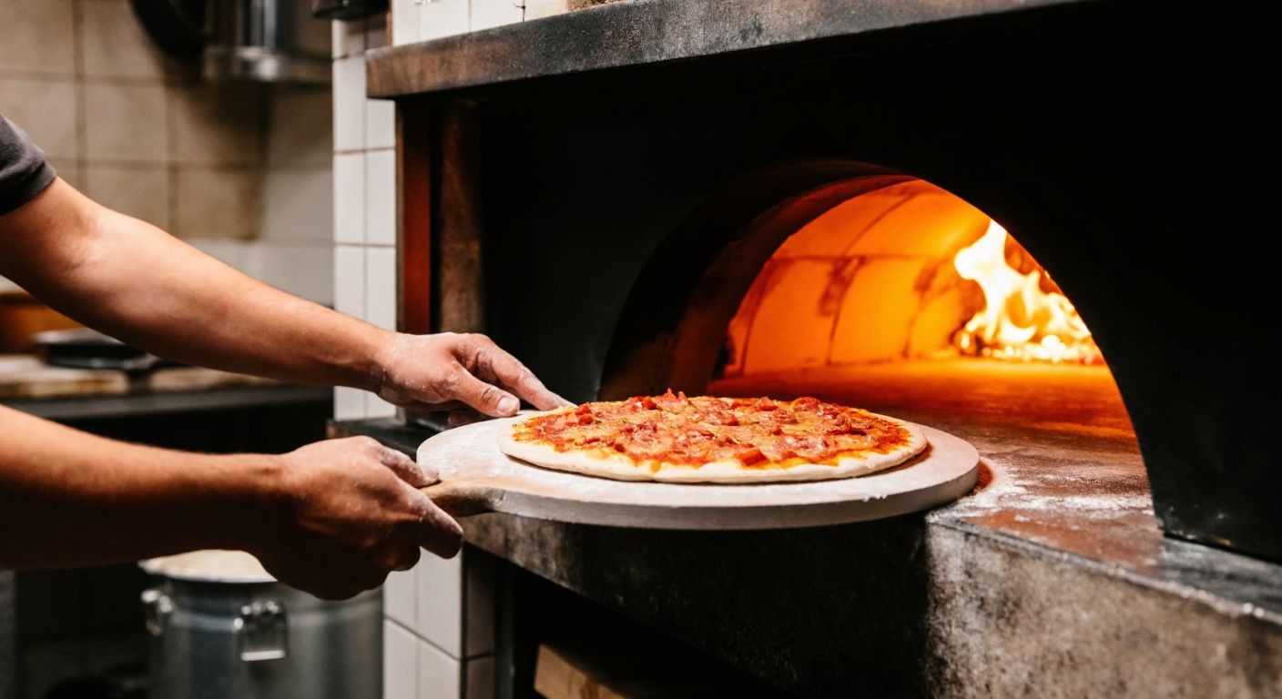 A warm, rustic kitchen with a traditional Turkish wood-fired oven, where a round pizza stone sits on a shelf, glowing from the heat, while hands dusted with flour carefully slide a freshly prepared pizza onto its surface.