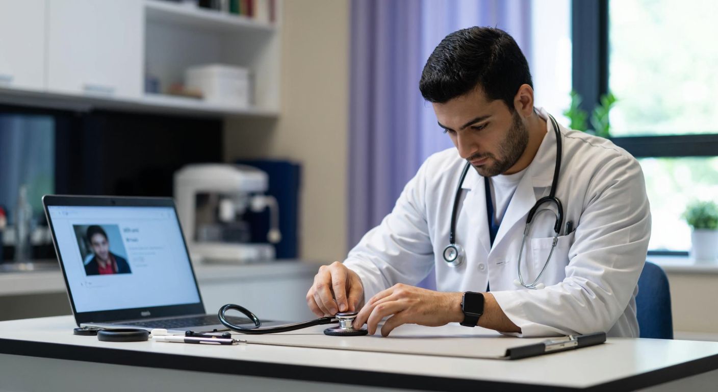 A focused Turkish medical professional in a white coat carefully replacing parts of a Littmann stethoscope on a clean, well-lit clinic table, with a laptop open to a tutorial video in the background.