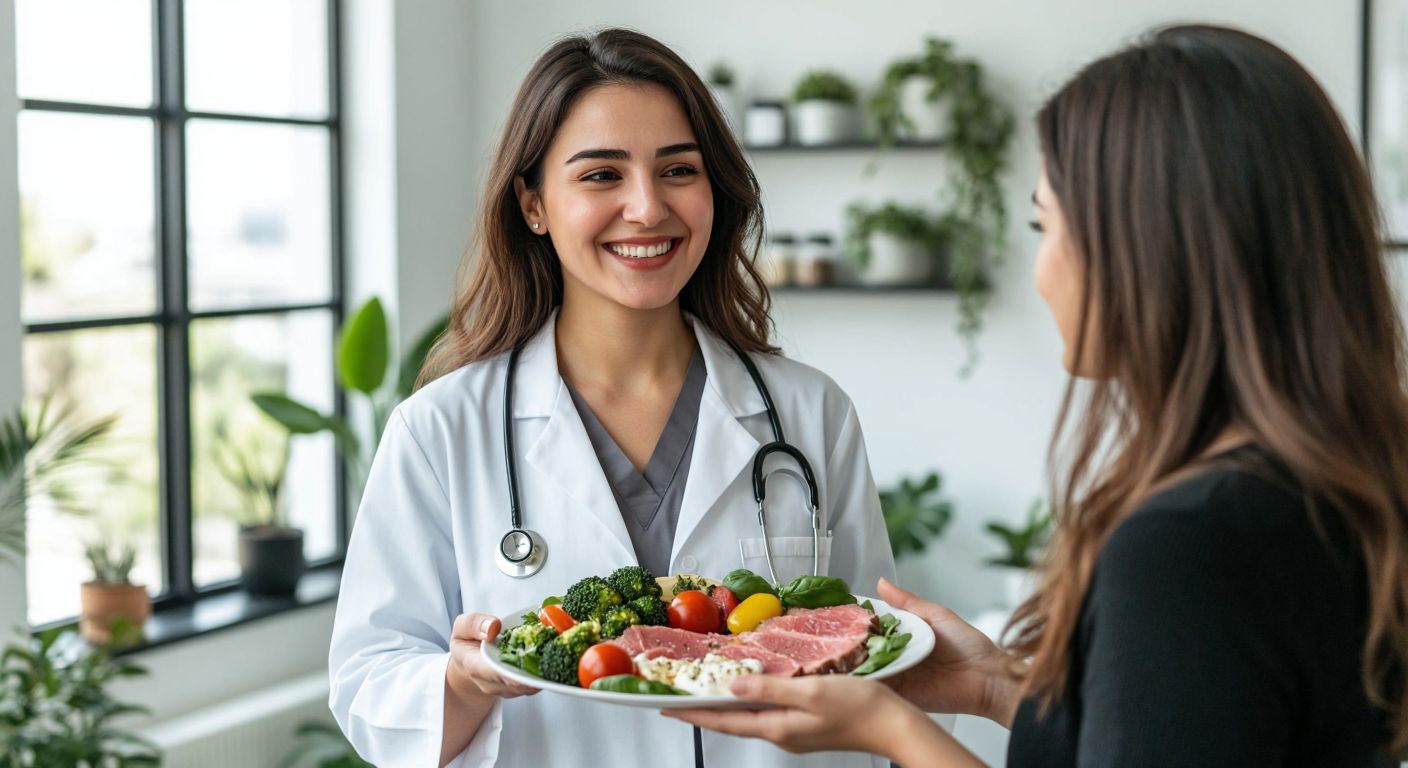 A Turkish dietitian in a white coat smiles warmly while holding a colorful plate of fresh Mediterranean vegetables, lean meat, and olive oil, with a satisfied client listening attentively in a bright, airy consultation room.