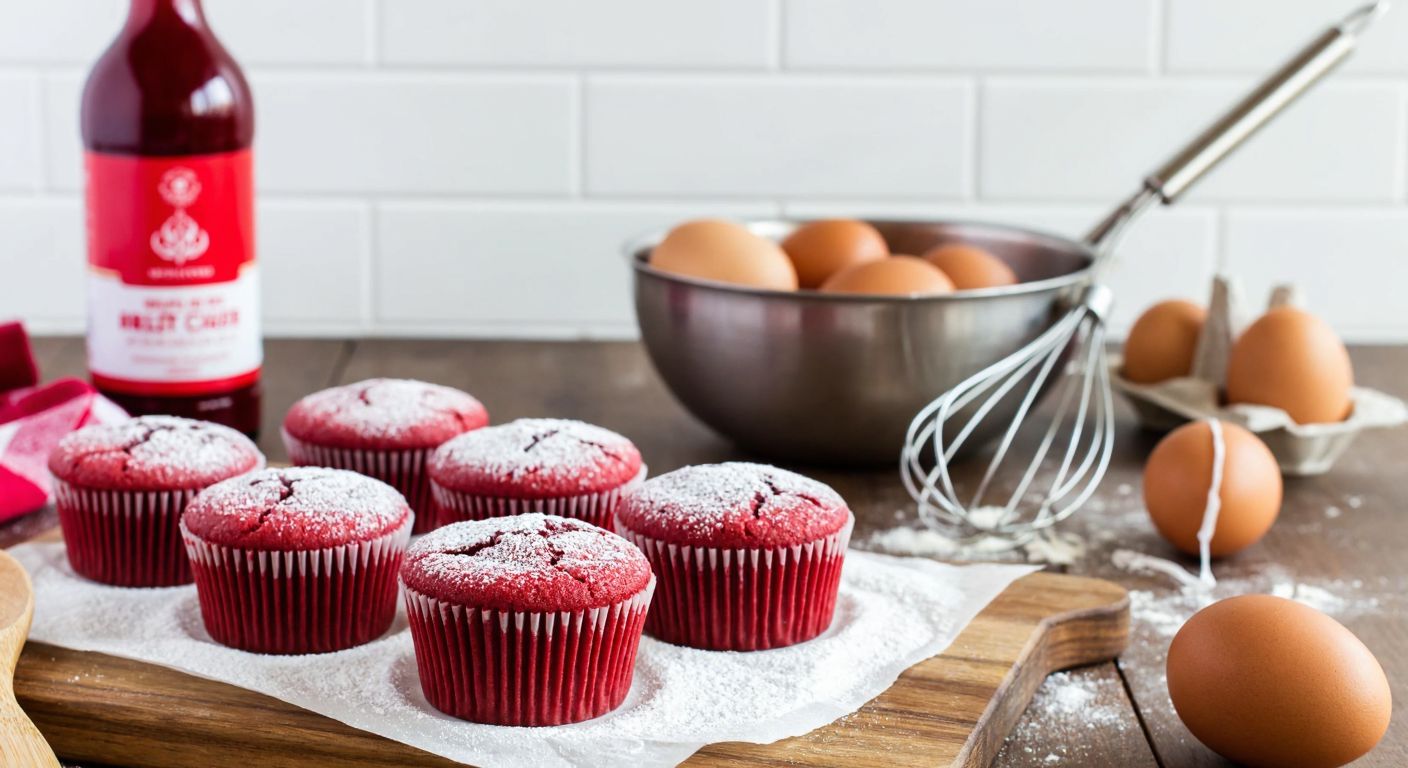 A warm Turkish kitchen with a wooden countertop displaying vibrant red velvet cupcakes dusted with powdered sugar, surrounded by scattered ingredients like eggs, flour, and a bottle of red food dye, with a mixing bowl and whisk nearby.