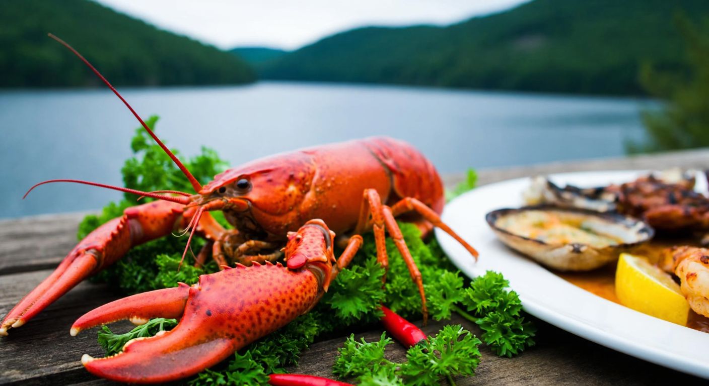 A vibrant freshwater crayfish rests on a bed of fresh herbs beside a plate of grilled seafood, with a serene lake and lush green hills in the background, symbolizing its nutritional benefits and ecological impact.