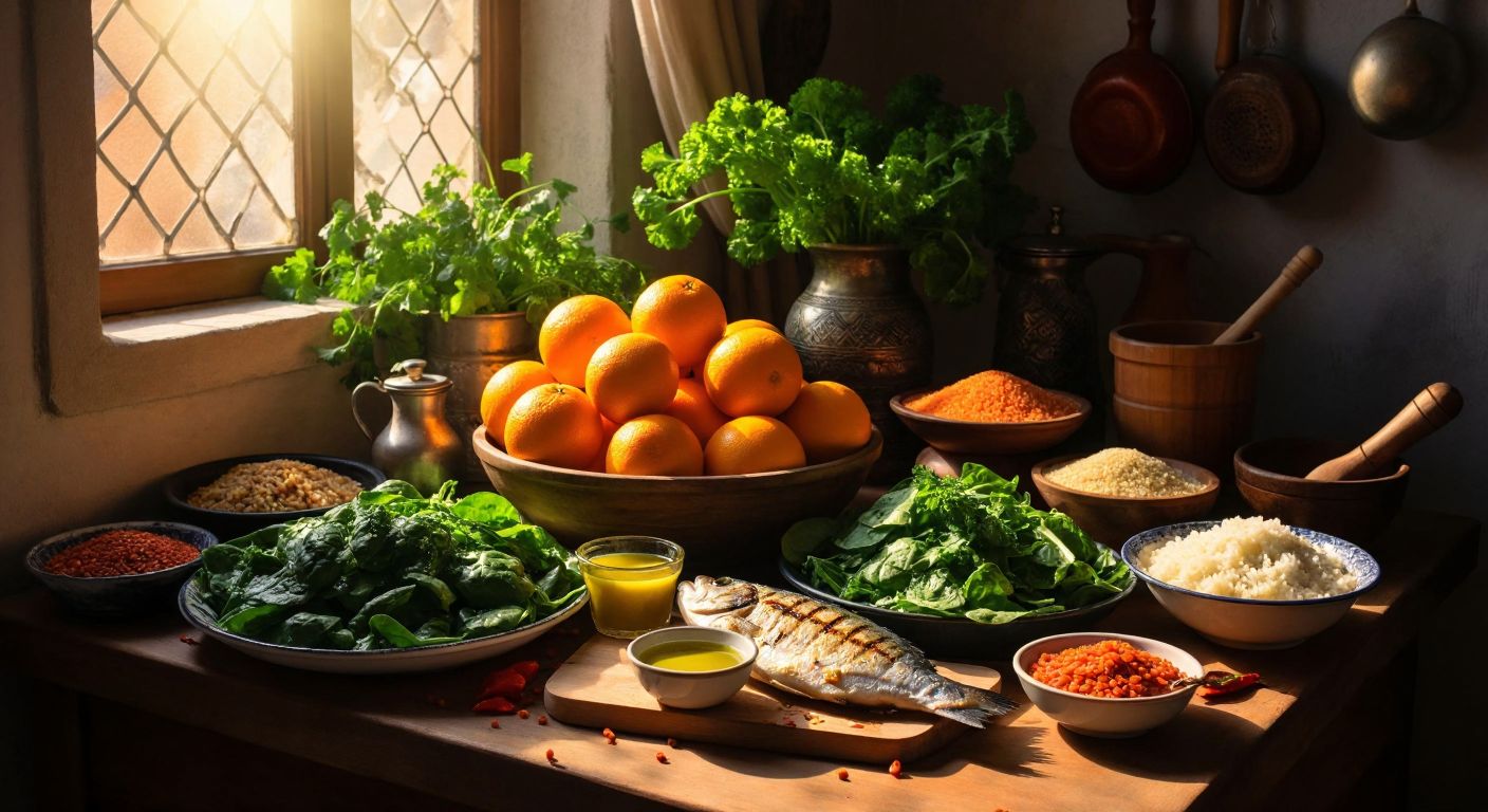 A vibrant Turkish kitchen table overflowing with fresh spinach, oranges, bulgur, red lentils, grilled fish, and a small bowl of olive oil, surrounded by warm sunlight and a wooden mortar and pestle.