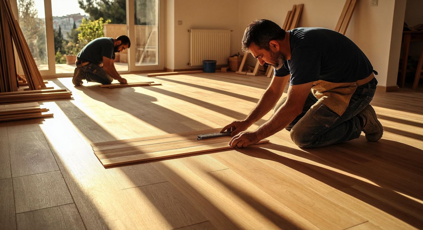 A Turkish craftsman in a sunlit room carefully arranges wooden parquet tiles on a smooth, leveled floor, with a measuring tape and saw nearby, while another person kneels to inspect the alignment.