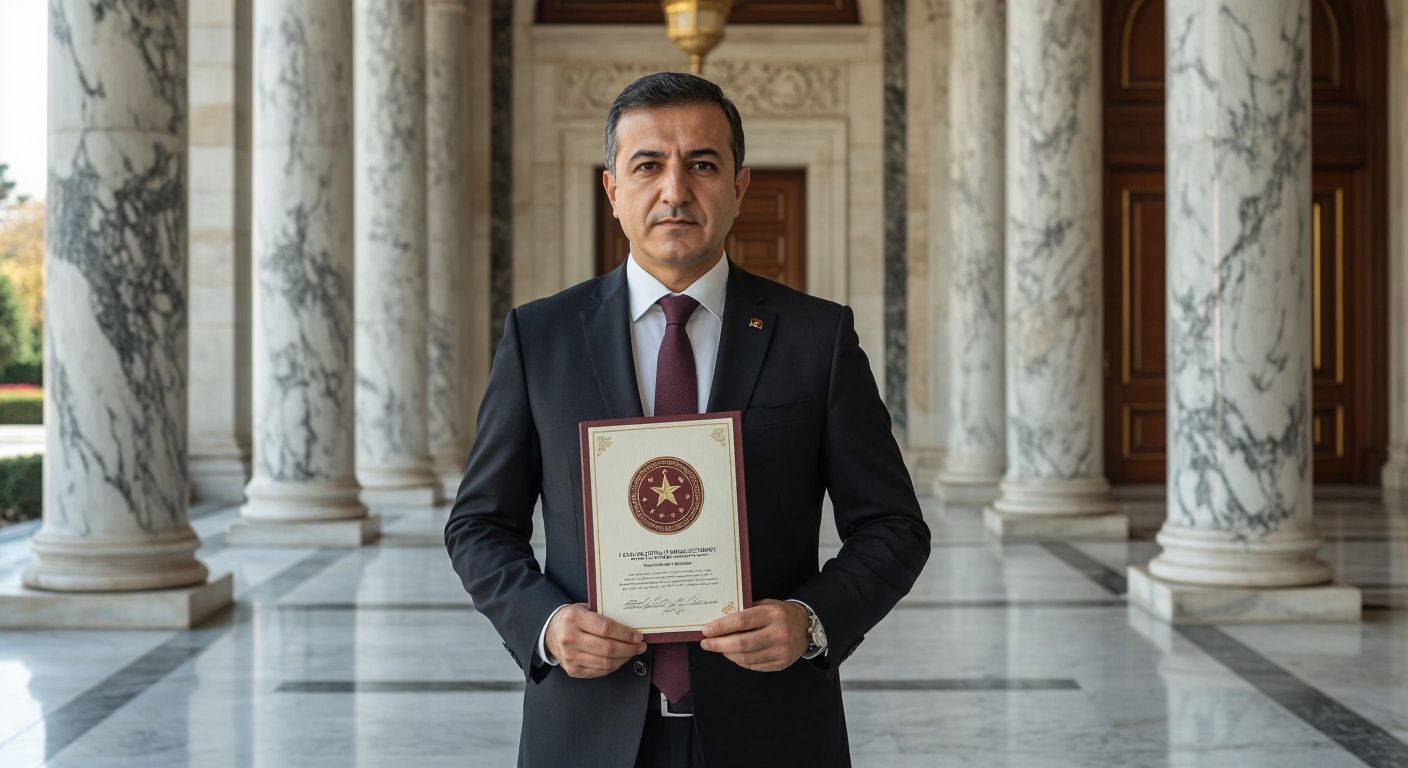A dignified Turkish government official in a formal suit stands confidently in front of a grand marble-columned building, holding a document with the seal of the Ministry of Treasury and Finance, symbolizing authority and institutional connection.