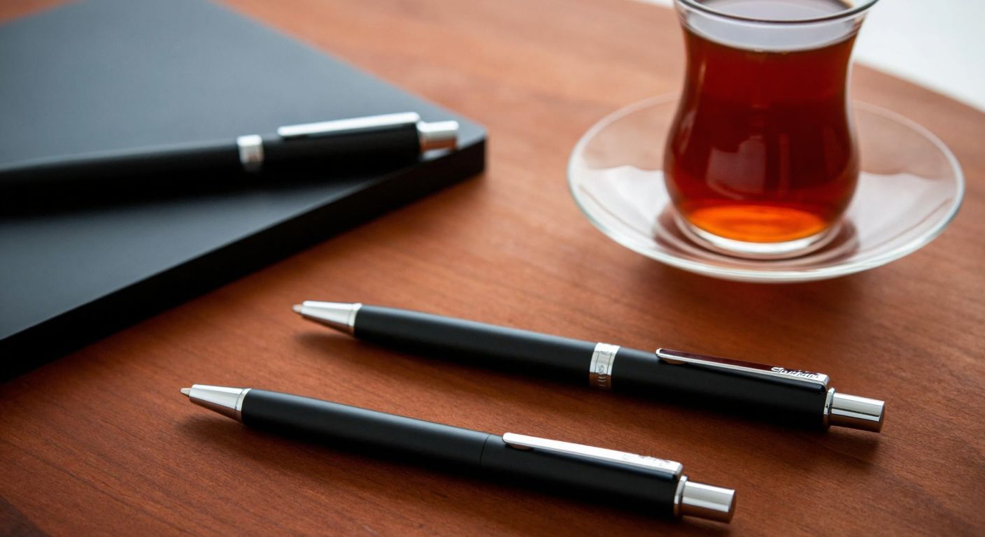 A sleek black Scrikks pen set with a fountain pen, ballpoint pen, and mechanical pencil neatly arranged on a wooden desk beside a steaming cup of Turkish tea.