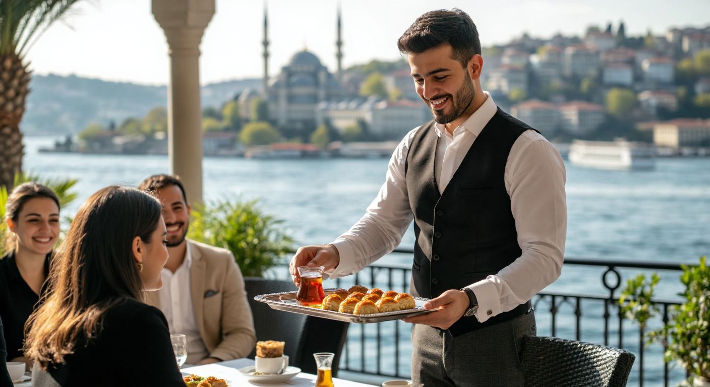 A neatly dressed hotel waiter in a crisp white shirt and black vest warmly serves a tray of Turkish tea and baklava to smiling guests at a sunlit terrace overlooking the Bosphorus.