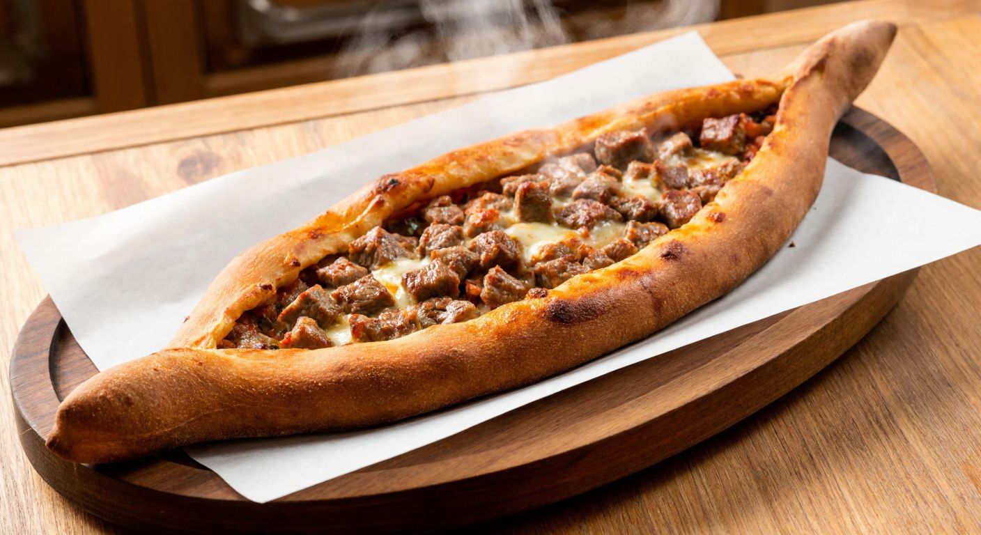 A golden-brown kuşbaşı pide, freshly baked and steaming on a wooden tray, with tender meat cubes and melted cheese peeking through the crispy crust, placed on a rustic table in a cozy Turkish eatery.