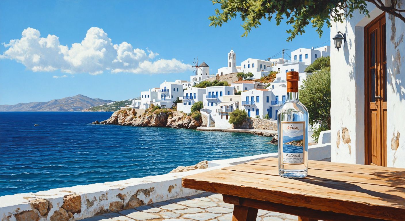 A sunlit Greek coastal village with whitewashed buildings, a traditional distillery producing ouzo, and a bottle of the clear anise-flavored liquor resting on a wooden table by the sea.