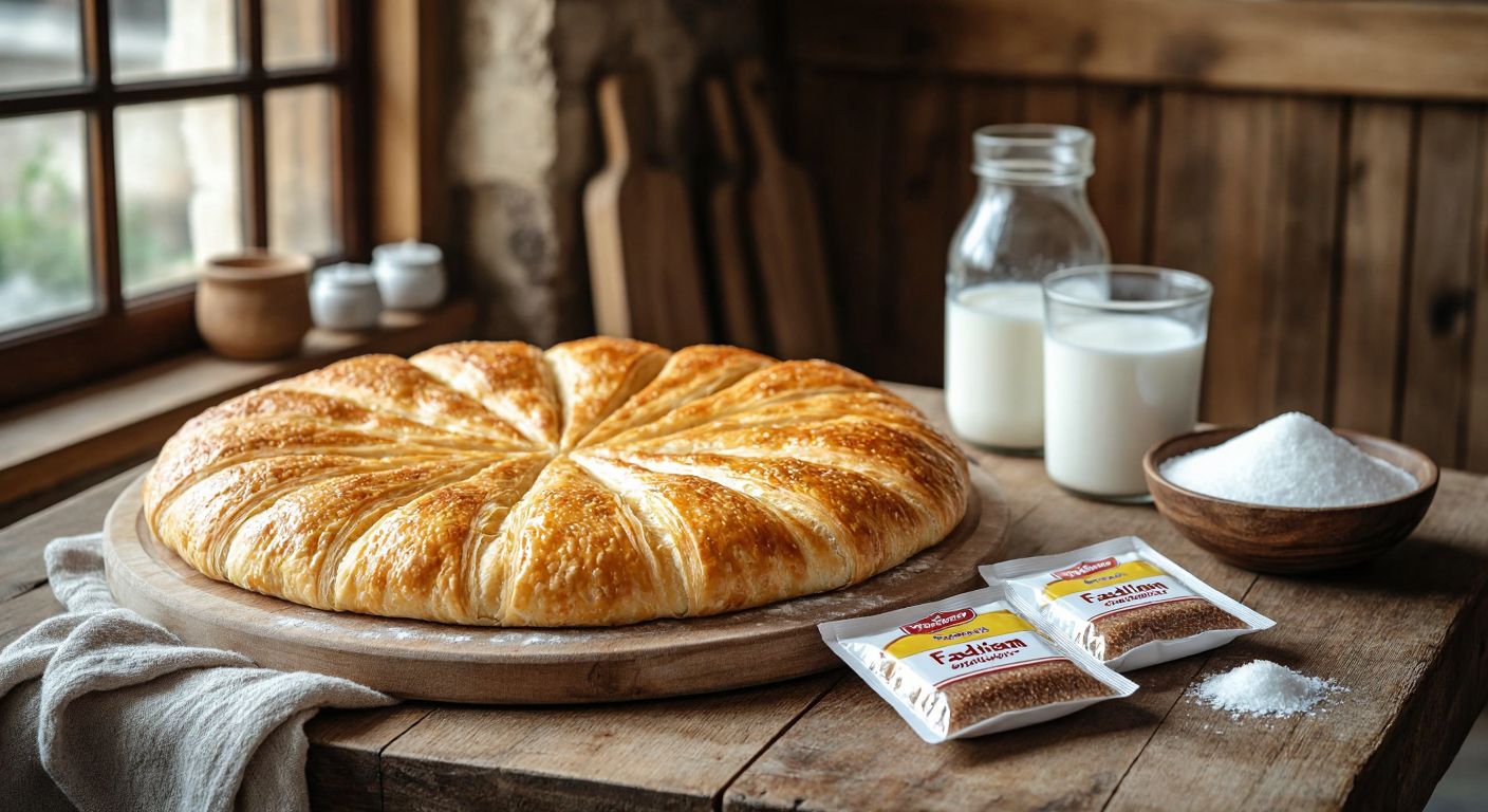 A warm Turkish kitchen with golden, flaky layered dough rising on a wooden table, next to small packets of fresh yeast and instant yeast, with a bowl of milk and sugar nearby.