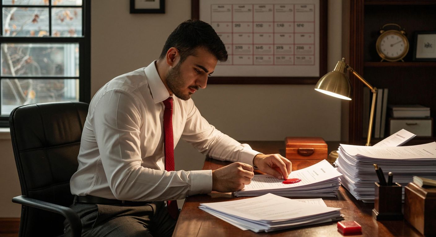 A Turkish office worker in a crisp white shirt and dark trousers sits at a wooden desk, calmly stamping a stack of documents with a red ink stamp under a warm desk lamp, while a wall calendar with circled dates hangs subtly in the background.
