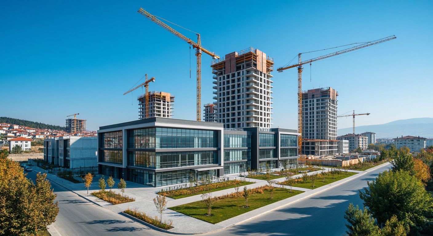 A modern Turkish business complex with construction cranes in the background, a sleek real estate office displaying property blueprints, and a textile factory producing sportswear, all under a clear blue sky.