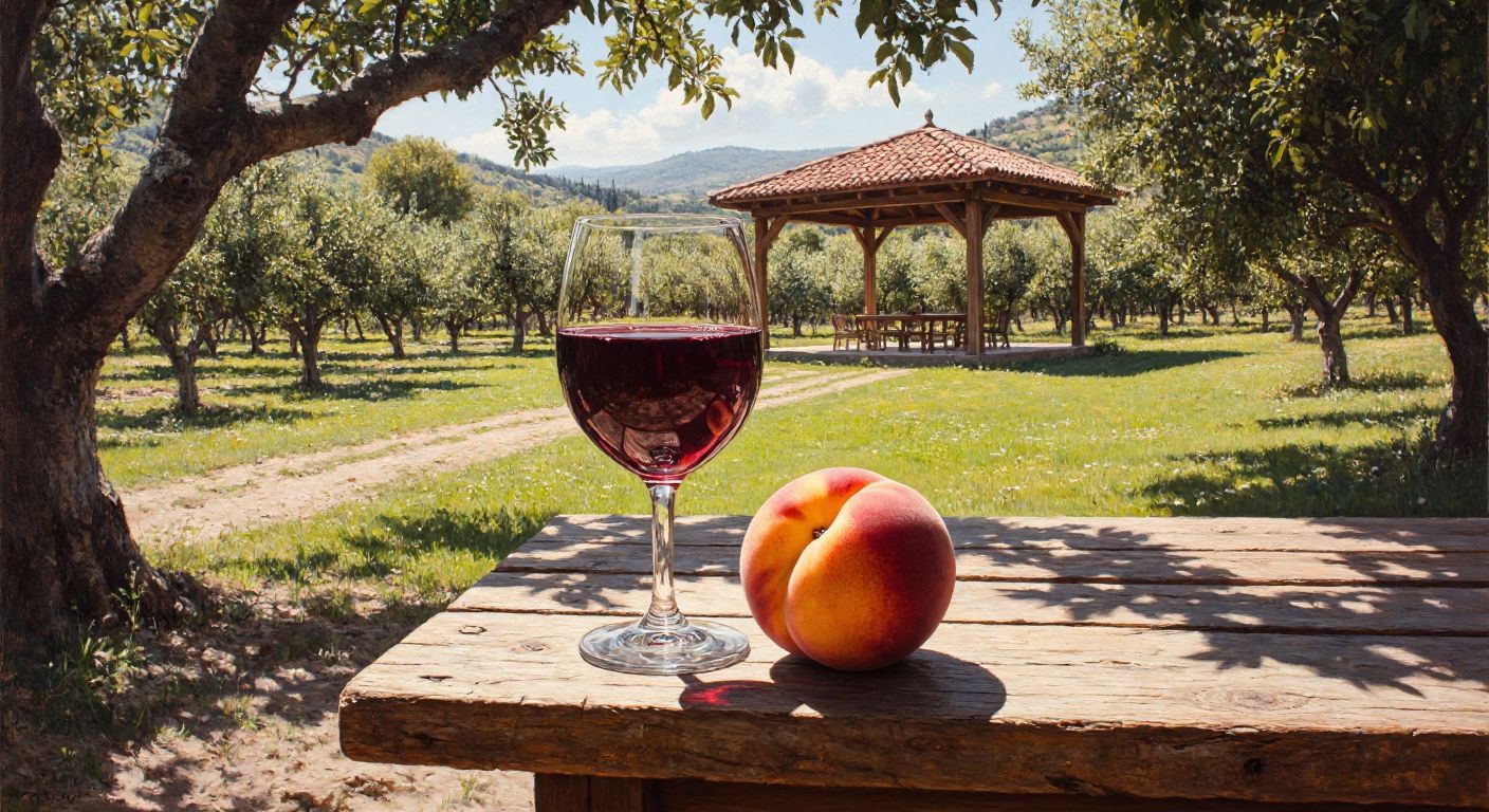 A rustic wooden table in a sunlit Turkish orchard holds a fuzzy-skinned peach (pavie) next to a glass of deep red Bordeaux wine, with an open-air pavilion visible in the background.