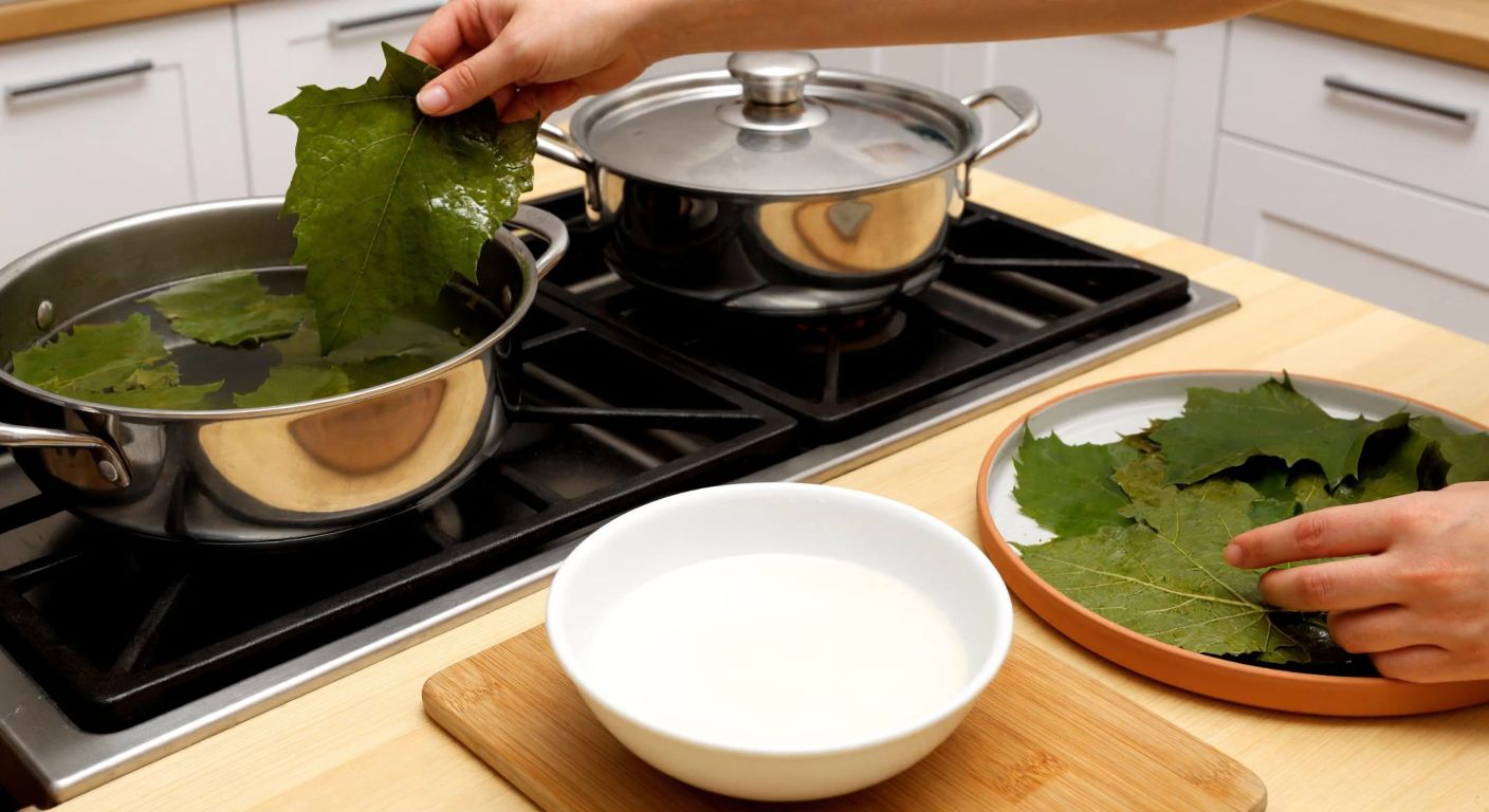 A Turkish kitchen scene with a pot of boiling water on a stove, fresh grape leaves being dipped into it by a pair of hands, while a bowl of salted water with soaked leaves sits nearby on a wooden counter.
