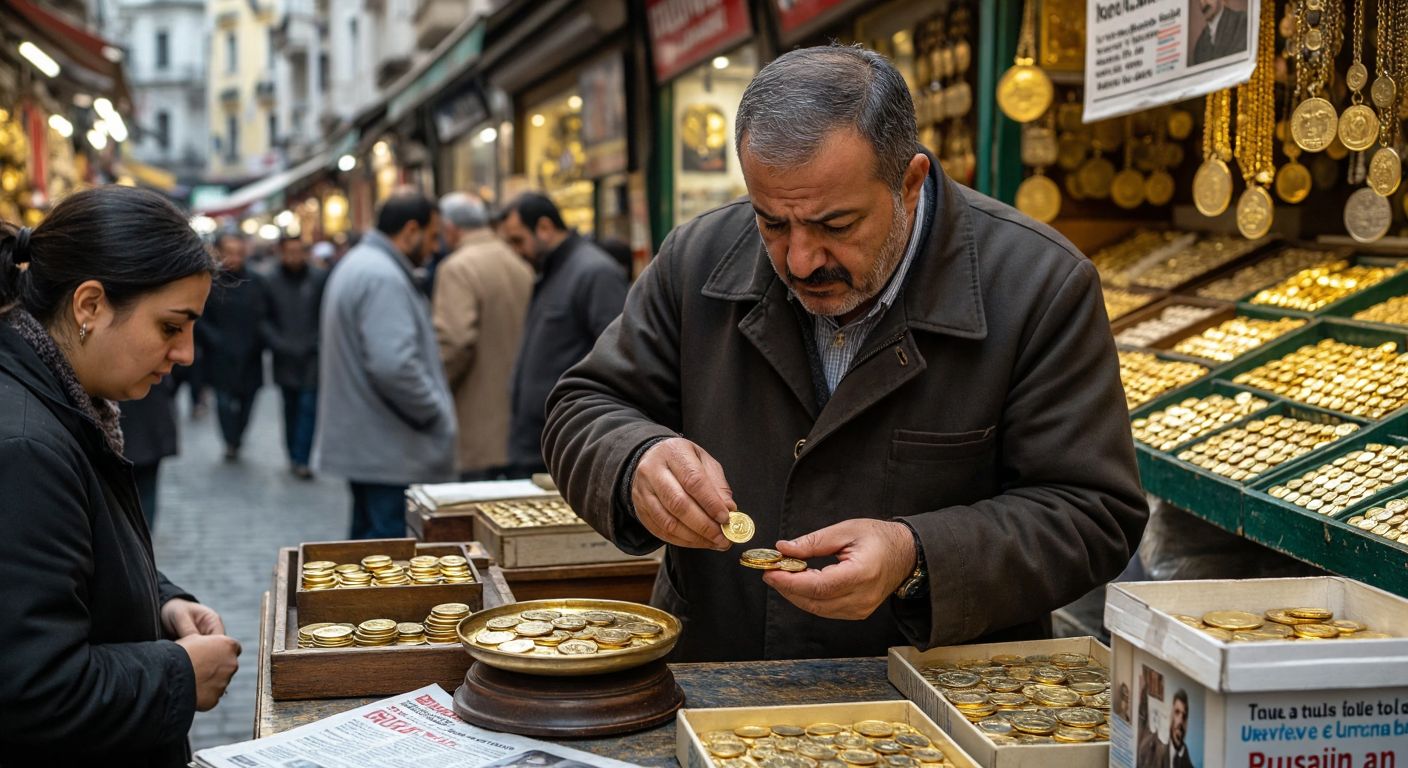 A Turkish jeweler in a bustling bazaar carefully examines gold coins on a scale while a customer watches anxiously, with a newspaper headline about Russia-Ukraine talks visible but unreadable in the background.