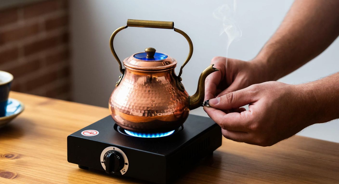 A small, portable tea heater with a glowing gel fuel canister sits on a wooden table, its blue flame gently warming a traditional Turkish copper teapot, while a pair of hands carefully adjusts the teapot’s position.