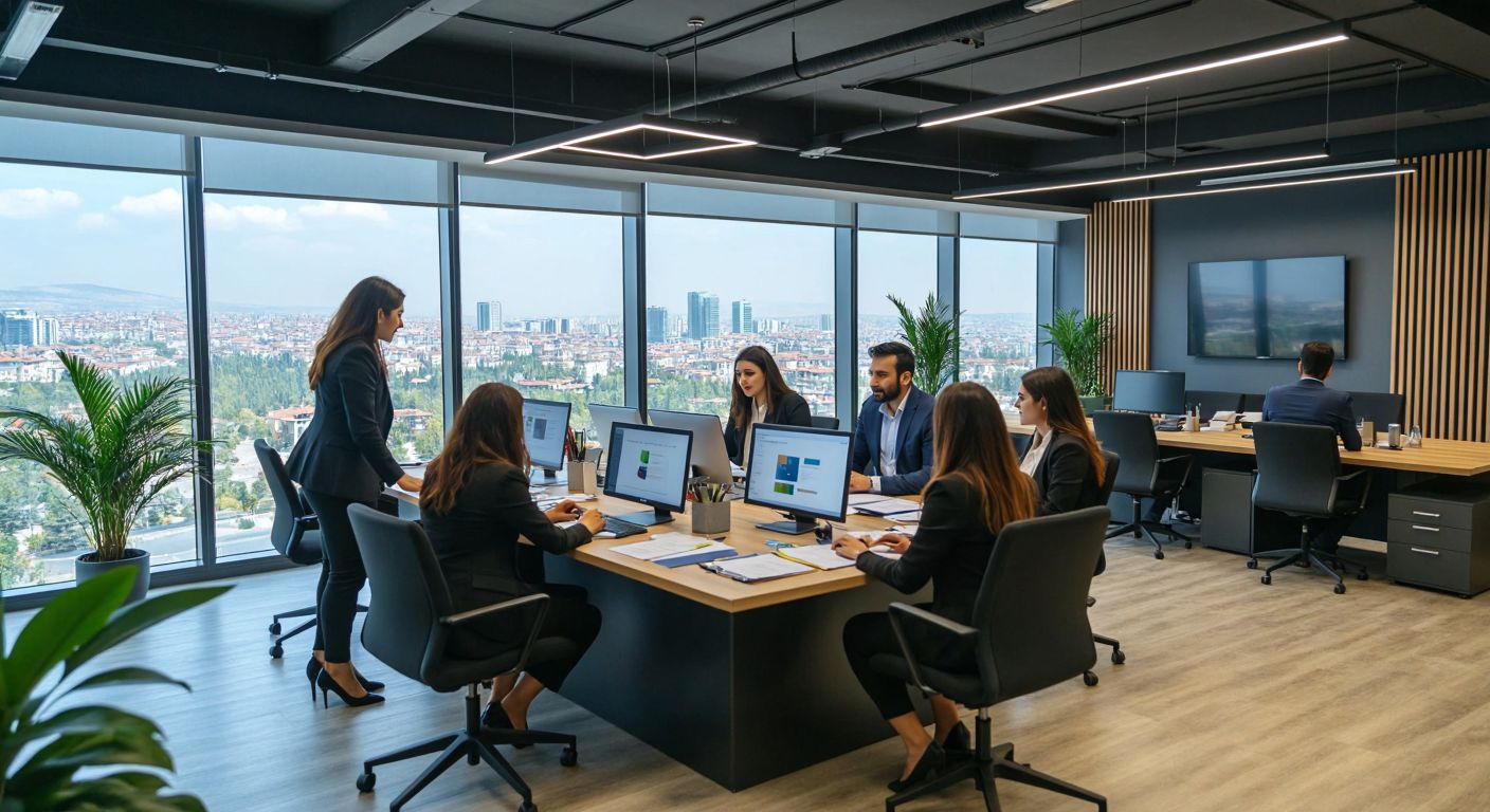 A modern office in Ankara with Turkish professionals in business attire collaborating over digital insurance solutions, surrounded by sleek computers and documents, exuding professionalism and innovation.