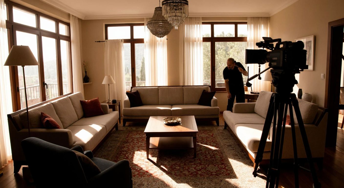 A well-lit, spacious Turkish living room with neatly arranged furniture, sunlight streaming through large windows, and a photographer adjusting a professional camera to capture the room from an elevated angle.