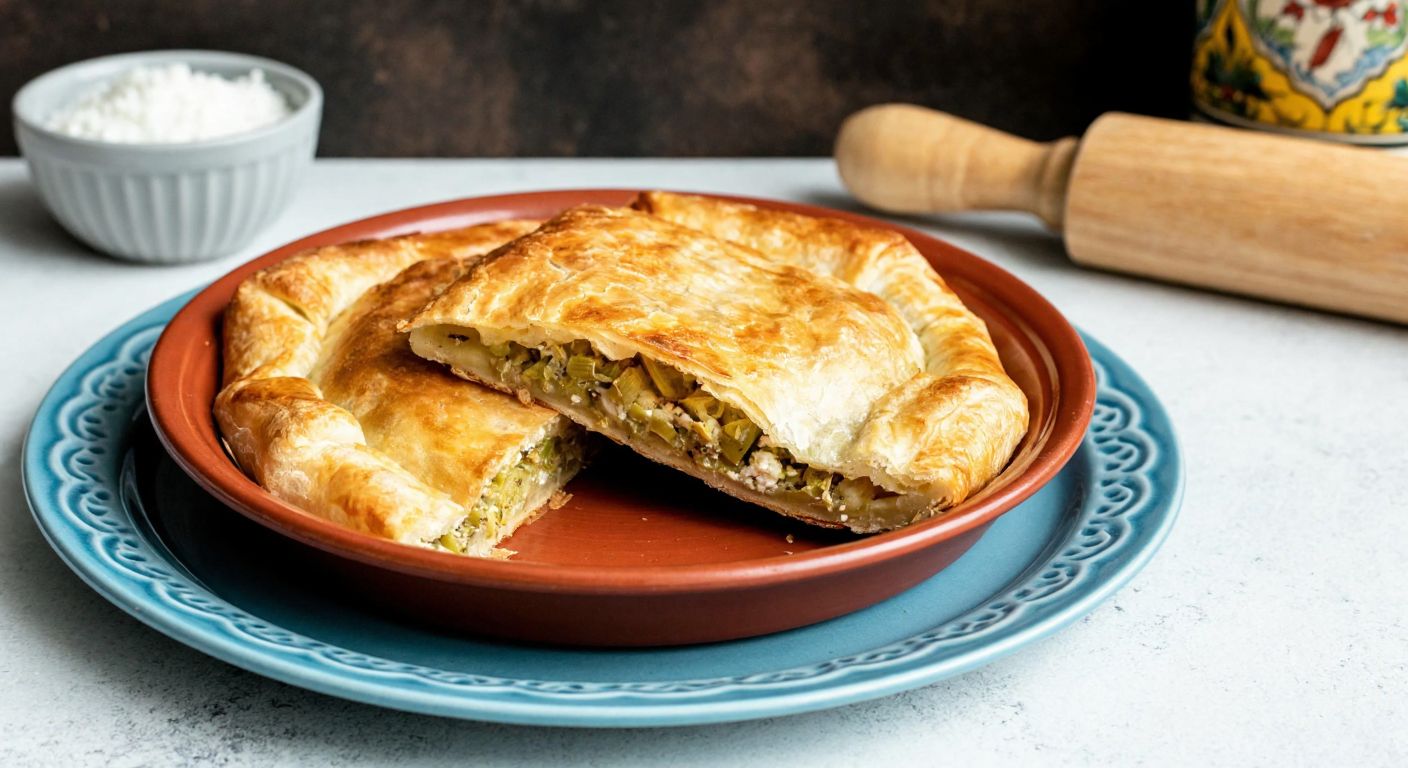 A warm, golden-brown pırasalı börek sits on a traditional Turkish ceramic plate, its flaky layers revealing a savory filling of leeks, crumbled white cheese, and a hint of spices, with a rustic kitchen backdrop and a wooden rolling pin nearby.