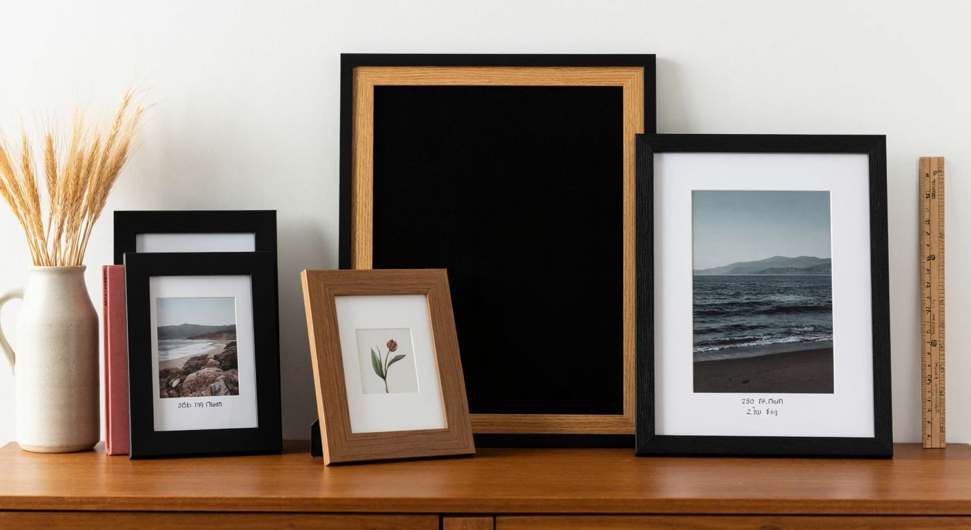 A warm Turkish living room with a wooden table displaying various-sized photo frames (9x13 cm, 20x30 cm, 30x40 cm) next to a measuring tape, evoking a thoughtful, practical atmosphere.