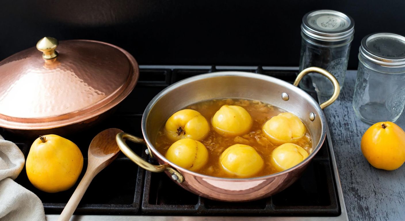 A bubbling copper pot of golden quince jam steams on a stove, its lid tilted open, while a wooden spoon rests beside it, surrounded by fresh quinces and glass jars with open lids on a rustic Turkish kitchen counter.
