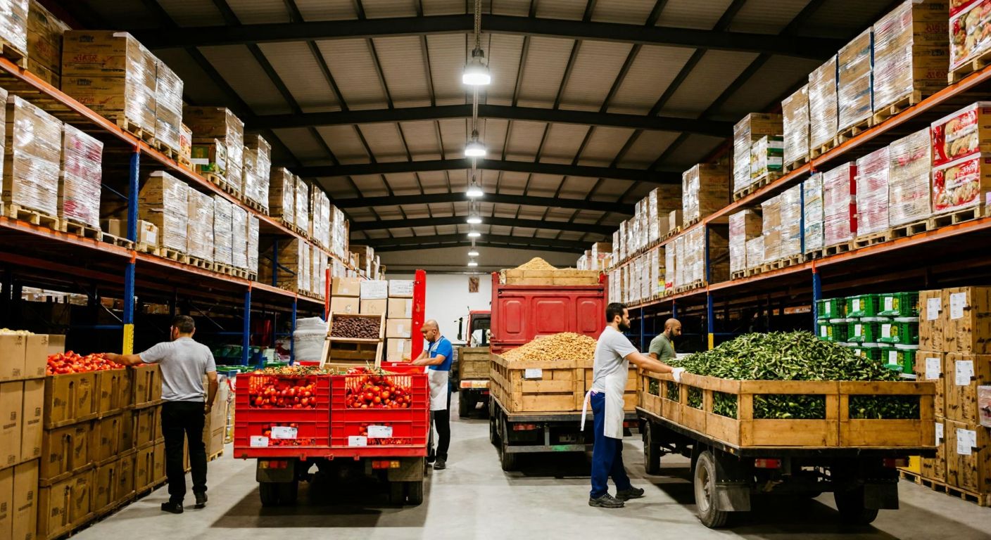 A bustling Turkish wholesale food warehouse with stacked crates of fresh produce, workers in aprons loading boxes onto trucks, and shelves filled with bulk spices and dried goods under bright industrial lights.