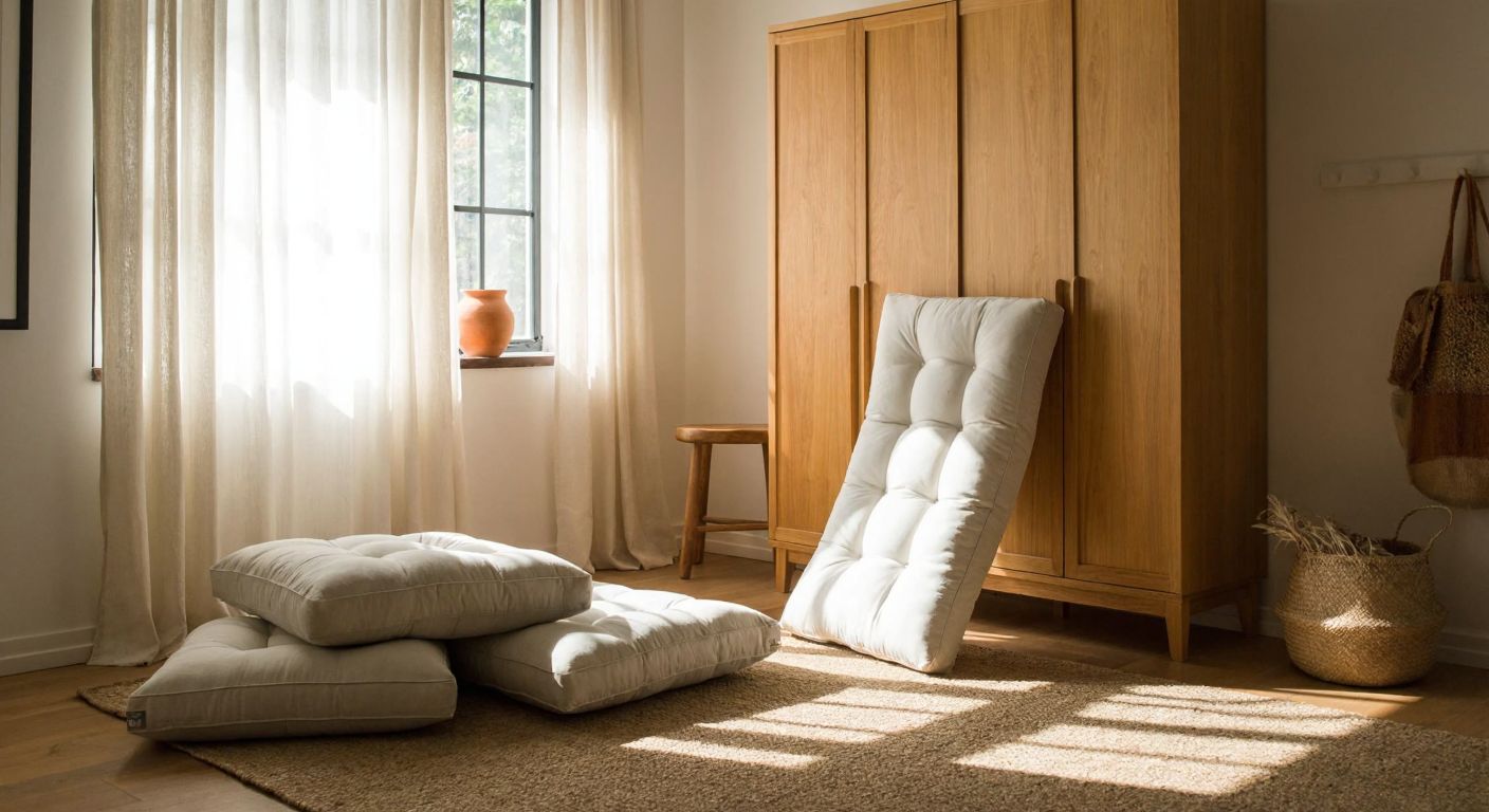 A cozy, minimalist Turkish living room with a folded futon leaning against a wooden wardrobe, soft cushions neatly arranged on the floor, and warm sunlight streaming through sheer curtains.