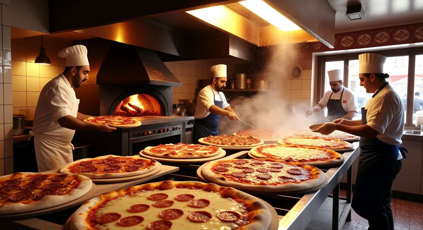 A bustling Turkish pizzeria with chefs tossing dough in the air, a wood-fired oven glowing, and trays of steaming golden-brown pizzas topped with local ingredients like sucuk and kasar cheese.